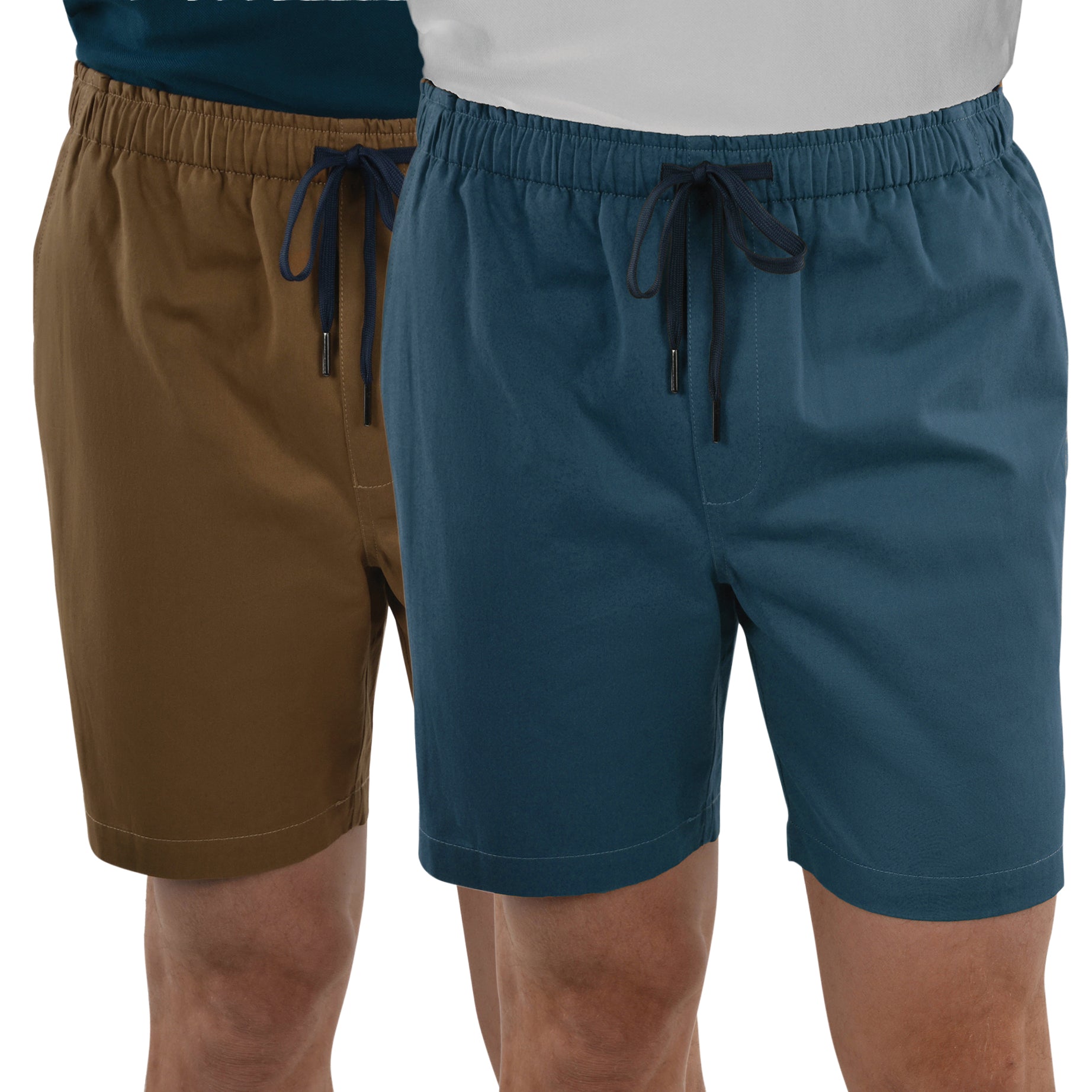 Two pairs of Thomas Cook Men's Darcy Shorts (TCP1309037) shown on models, with one in camel and one in iron blue. Both feature an elastic waistband and a dark navy drawstring.