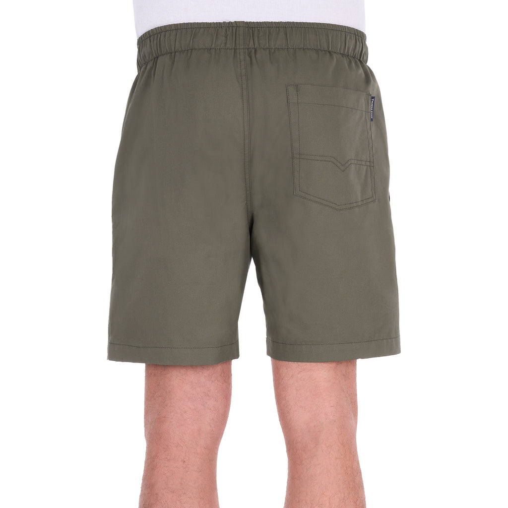 A man modelling a pair of military green Thomas Cook Men's Darcy Shorts (TCP1309037), shown from the back, with a white background.