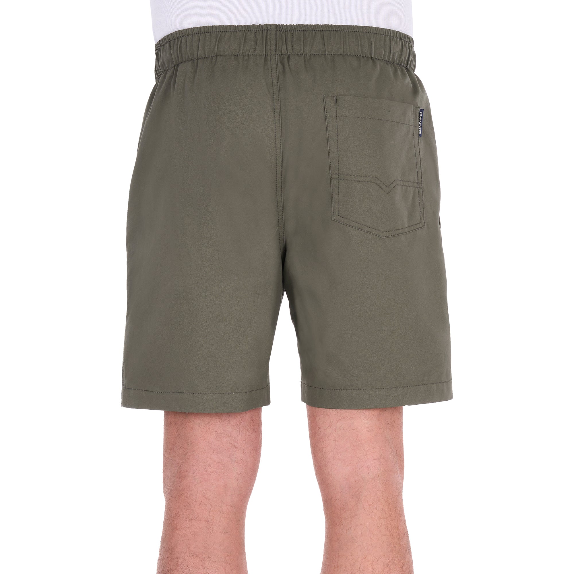 A man modelling a pair of military green Thomas Cook Men's Darcy Shorts (TCP1309037), shown from the back, with a white background.