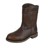 The Thomas Cook Mens Duramax DTC Dogger Boots (TCP18247) in oily brown feature a full grain leather pull-on design with visible stitching, rounded toe, low heel, durable rubber sole, and "Pull Grip" embossed on the shaft.