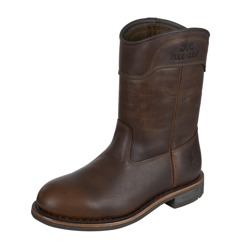The Thomas Cook Mens Duramax DTC Dogger Boots (TCP18247) in oily brown feature a full grain leather pull-on design with visible stitching, rounded toe, low heel, durable rubber sole, and "Pull Grip" embossed on the shaft.