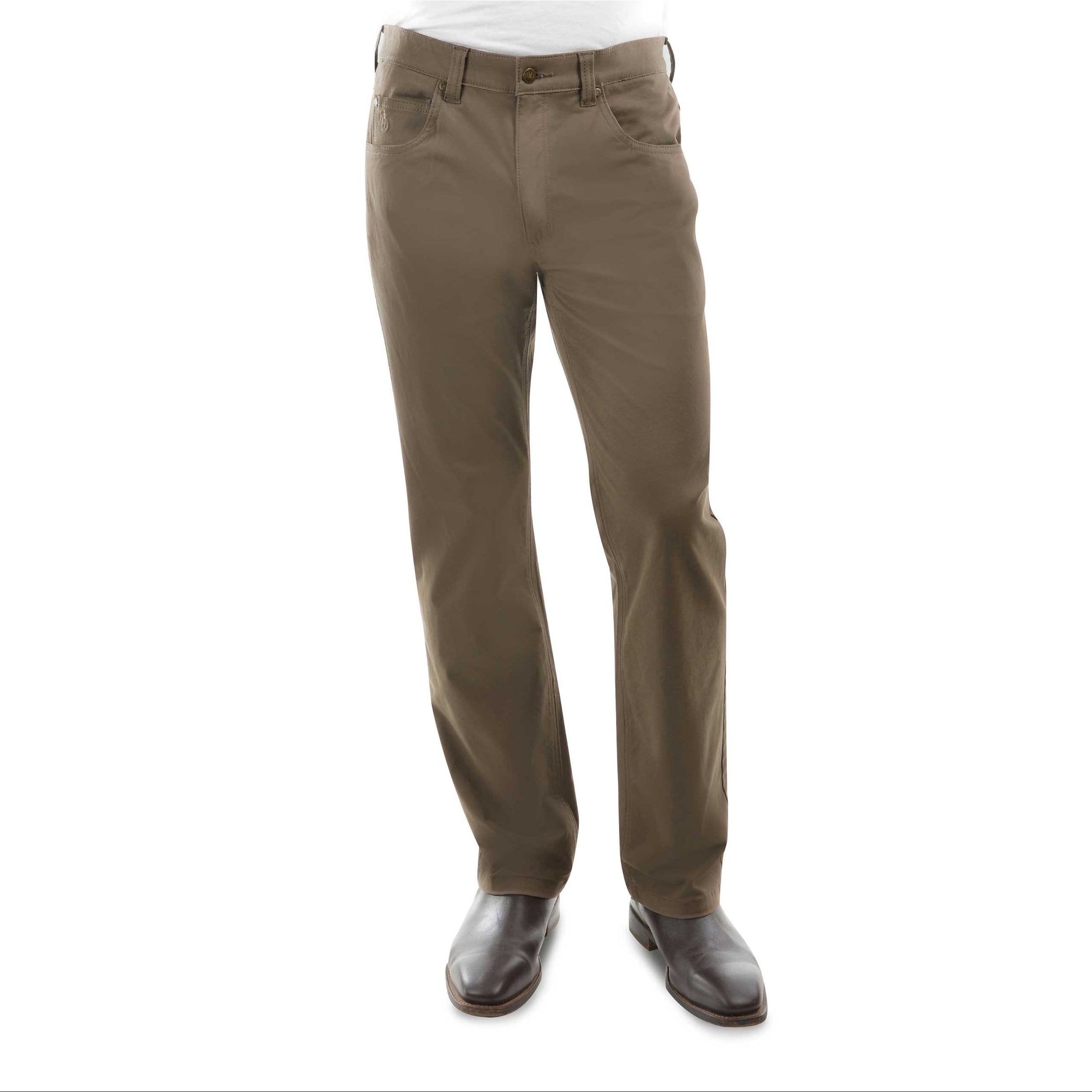 A pair of Thomas Cook Men's Jake Comfort Waist Jeans (TCP1215031) in a mulch colour, shown on a model from the waist down wearing a white shirt and dark brown leather shoes against a white background.