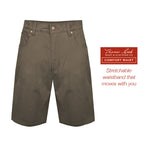 A pair of mulch coloured Thomas Cook Men's Jake Comfort Waist Shorts (TCP1307031) in flat lay with a branded label on the right side that reads 'Thomas Cook Boot & Clothing Co. Comfort Waist Stretchable waistband that moves with you'.
