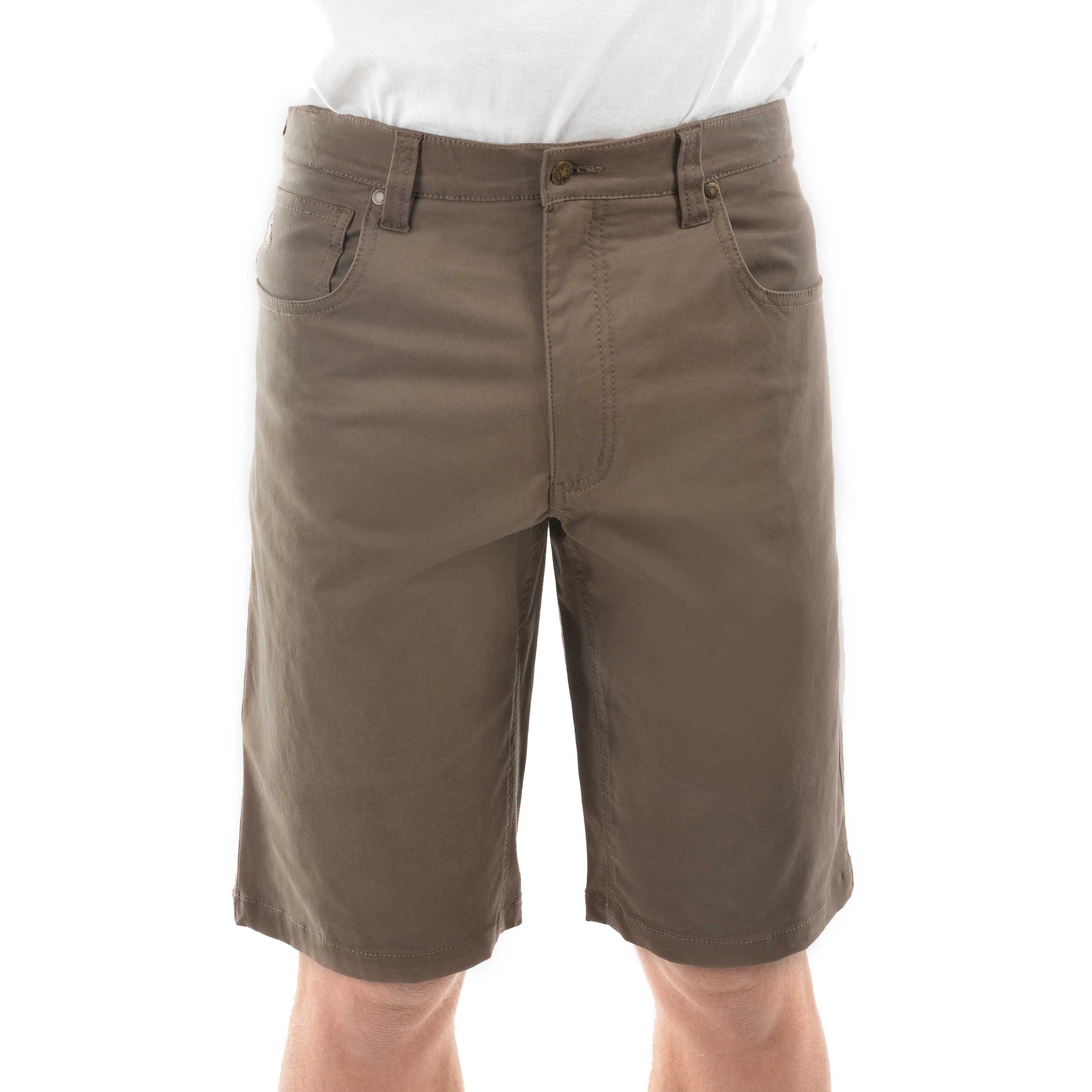 A man wearing mulch coloured  Thomas Cook Men's Jake Comfort Waist Shorts (TCP1307031) with a white shirt partially visible at the top, photographed against a plain white studio background.