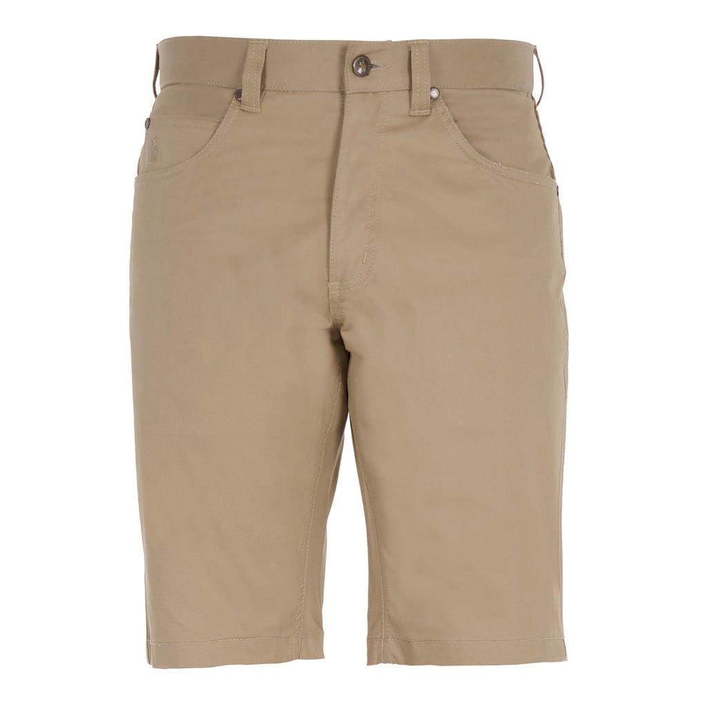 A flat lay of a pair of sand Thomas Cook Men's Jake Comfort Waist Shorts (TCP1307031) photographed against a plain white studio background.