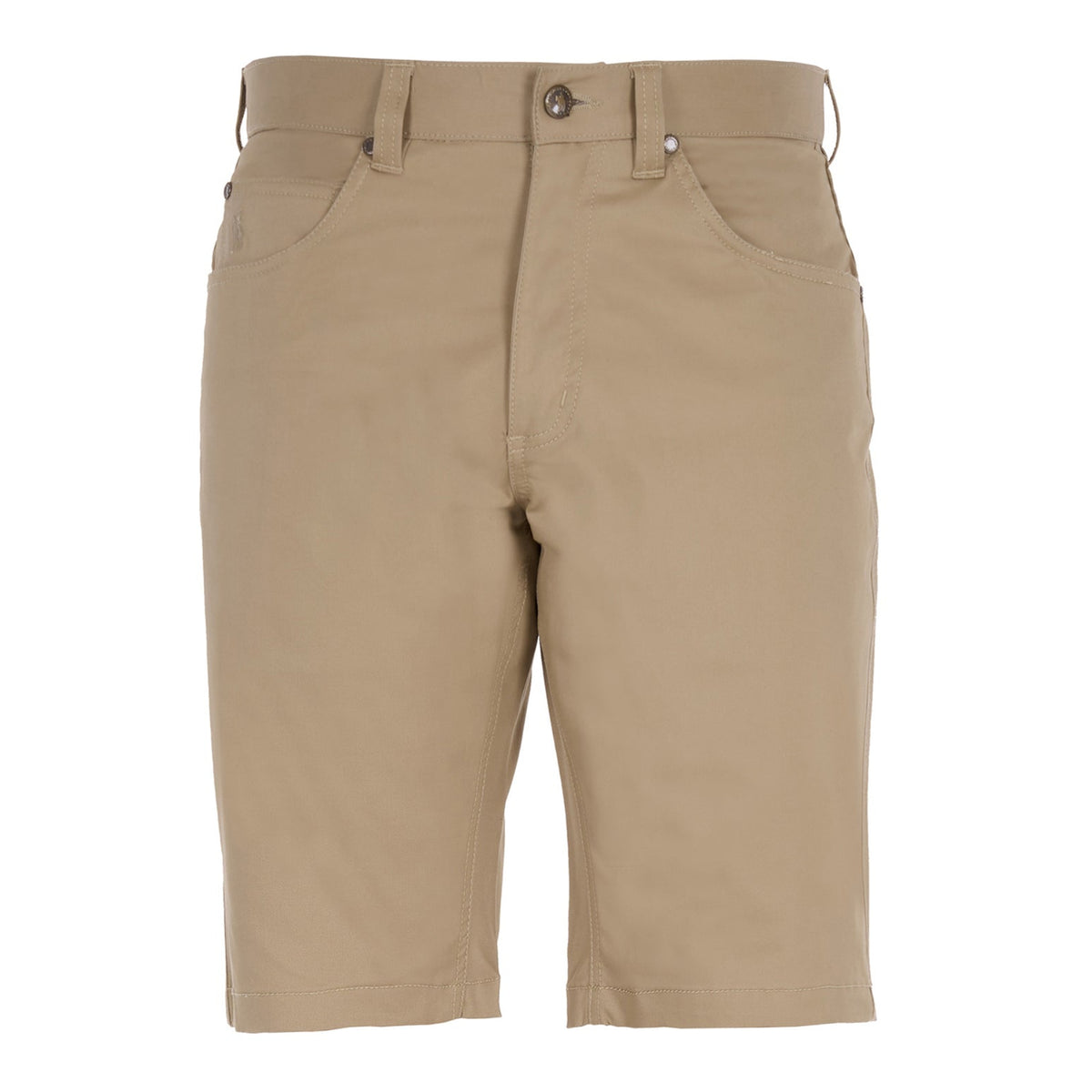 A flat lay of a pair of sand Thomas Cook Men's Jake Comfort Waist Shorts (TCP1307031) photographed against a plain white studio background.