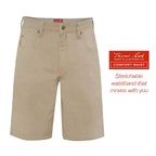 A pair of stone Thomas Cook Men's Jake Comfort Waist Shorts (TCP1307031) in flat lay with a branded label on the right side that reads 'Thomas Cook Boot & Clothing Co. Comfort Waist Stretchable waistband that moves with you'.