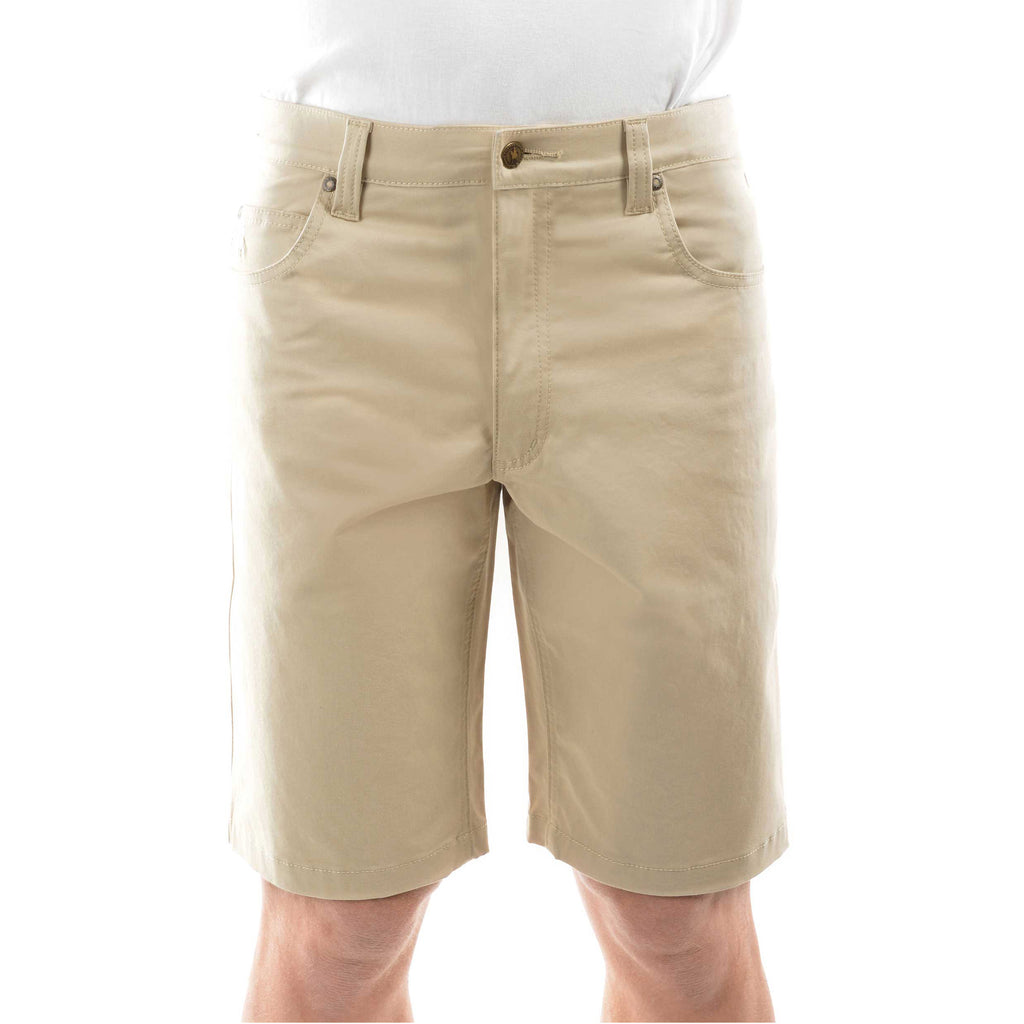 A man wearing stone Thomas Cook Men's Jake Comfort Waist Shorts (TCP1307031) with a white shirt partially visible at the top, photographed against a plain white studio background.