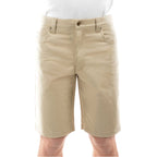 A man wearing stone Thomas Cook Men's Jake Comfort Waist Shorts (TCP1307031) with a white shirt partially visible at the top, photographed against a plain white studio background.