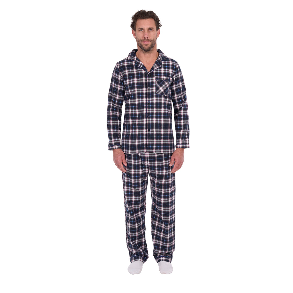 A man wearing navy blue, white, and grey plaid Thomas Cook Men's Long Sleeve PJs (TCP1997PJS), standing against a solid white background.