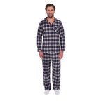 A man wearing navy blue, white, and grey plaid Thomas Cook Men's Long Sleeve PJs (TCP1997PJS), standing against a solid white background.