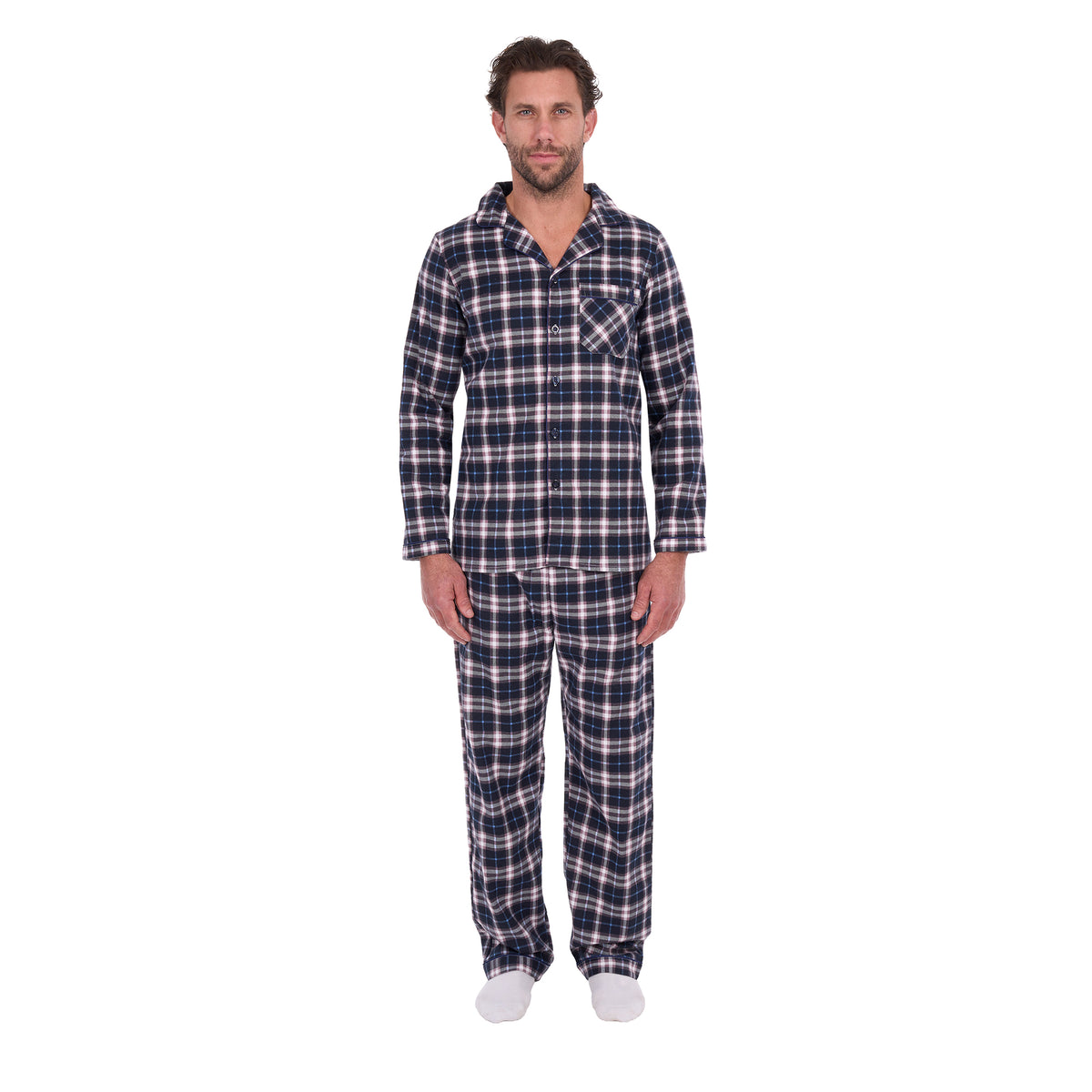A man wearing navy blue, white, and grey plaid Thomas Cook Men's Long Sleeve PJs (TCP1997PJS), standing against a solid white background.