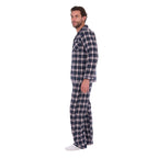 A man in profile wearing navy blue, white, and grey plaid Thomas Cook Men's Long Sleeve PJs (TCP1997PJS), standing against a solid white background.
