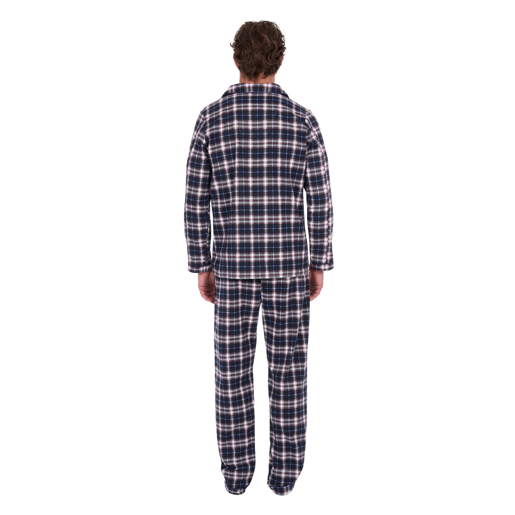 A man viewed from behind wearing navy blue, white, and grey plaid Thomas Cook Men's Long Sleeve Pyjamas (TCP1997PJS), standing against a solid white background.
