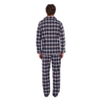 A man viewed from behind wearing navy blue, white, and grey plaid Thomas Cook Men's Long Sleeve Pyjamas (TCP1997PJS), standing against a solid white background.