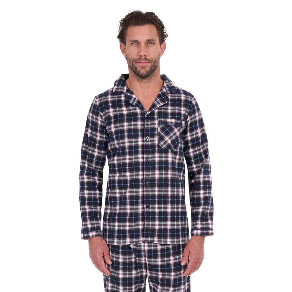 A man wearing navy blue, white, and grey plaid Thomas Cook Men's Long Sleeve PJs (TCP1997PJS), standing against a solid white background.