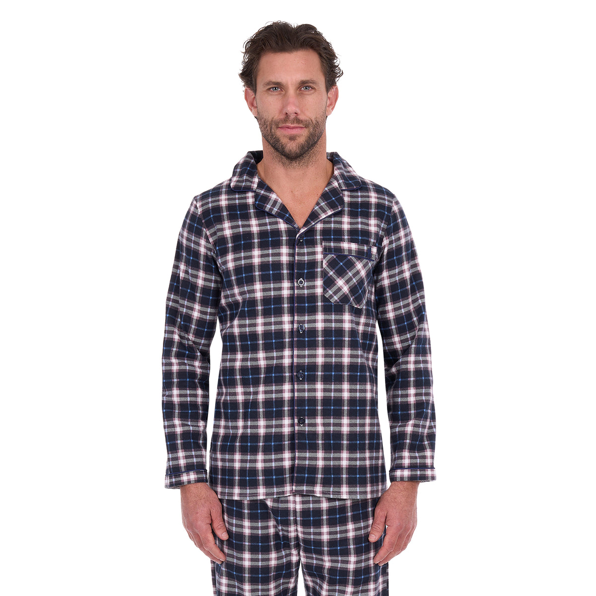 A man wearing navy blue, white, and grey plaid Thomas Cook Men's Long Sleeve PJs (TCP1997PJS), standing against a solid white background.