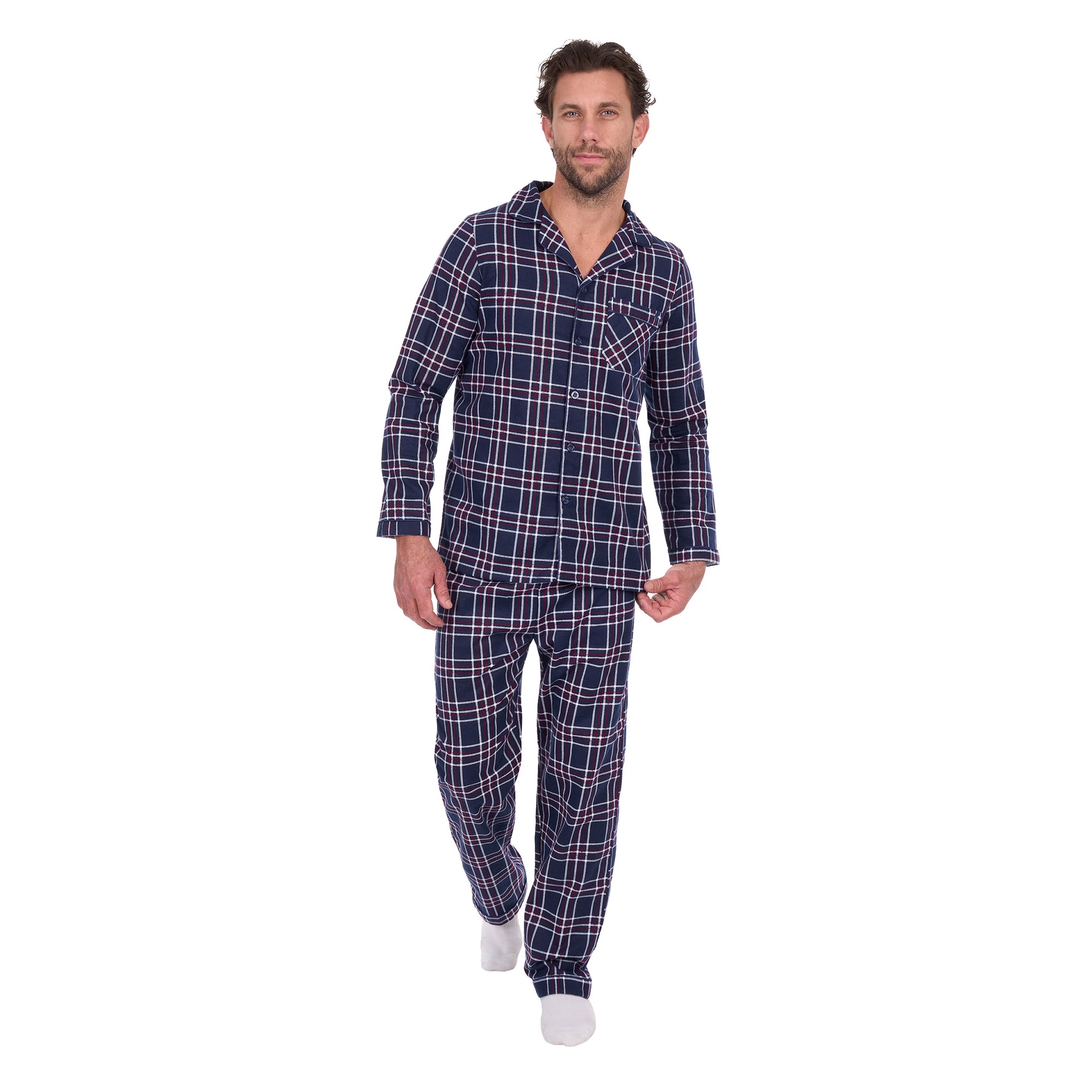 A man wearing navy blue and white plaid Thomas Cook Men's Long Sleeve Pyjamas (TCP1997PJS), standing against a solid white background.