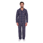 A man wearing navy blue and white plaid Thomas Cook Men's Long Sleeve Pyjamas (TCP1997PJS), standing against a solid white background.