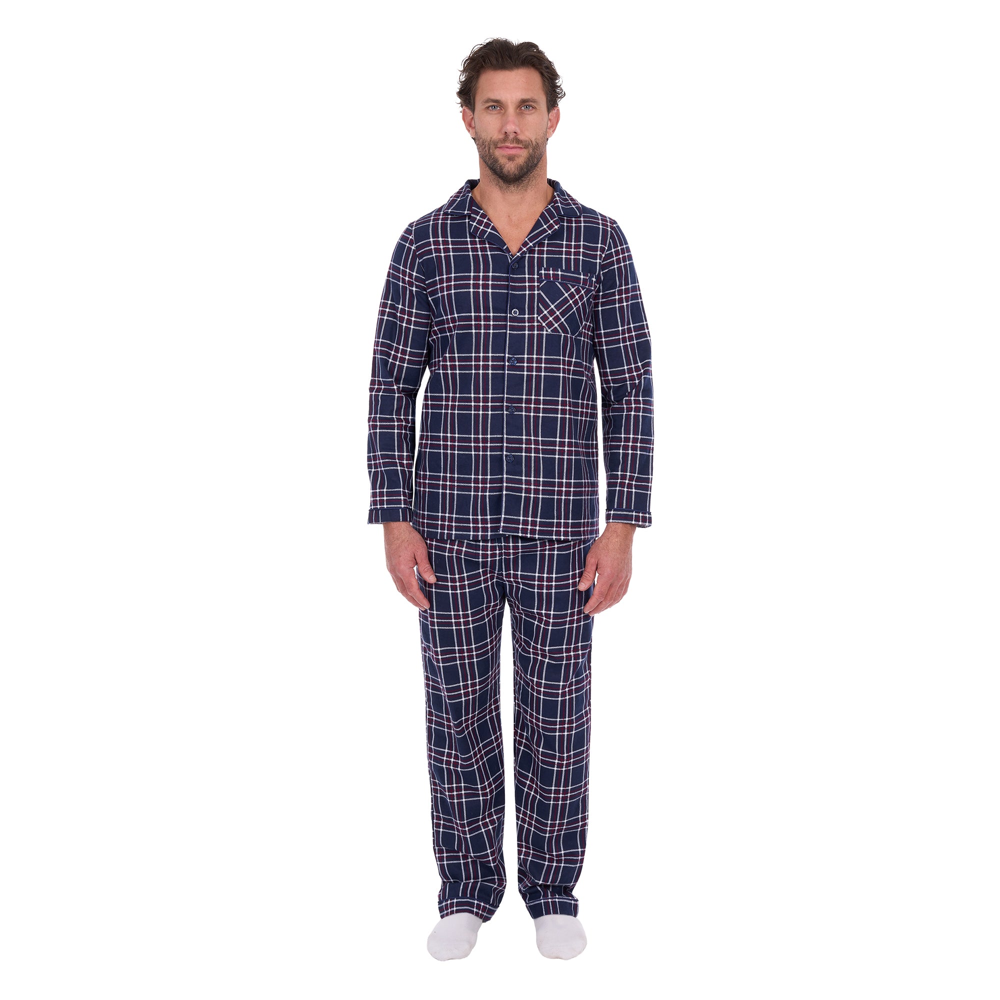 A man wearing navy blue and white plaid Thomas Cook Men's Long Sleeve Pyjamas (TCP1997PJS), standing against a solid white background.