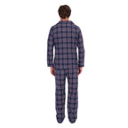 A man viewed from behind wearing navy blue and white plaid Thomas Cook Men's Long Sleeve Pyjamas (TCP1997PJS), standing against a solid white background.
