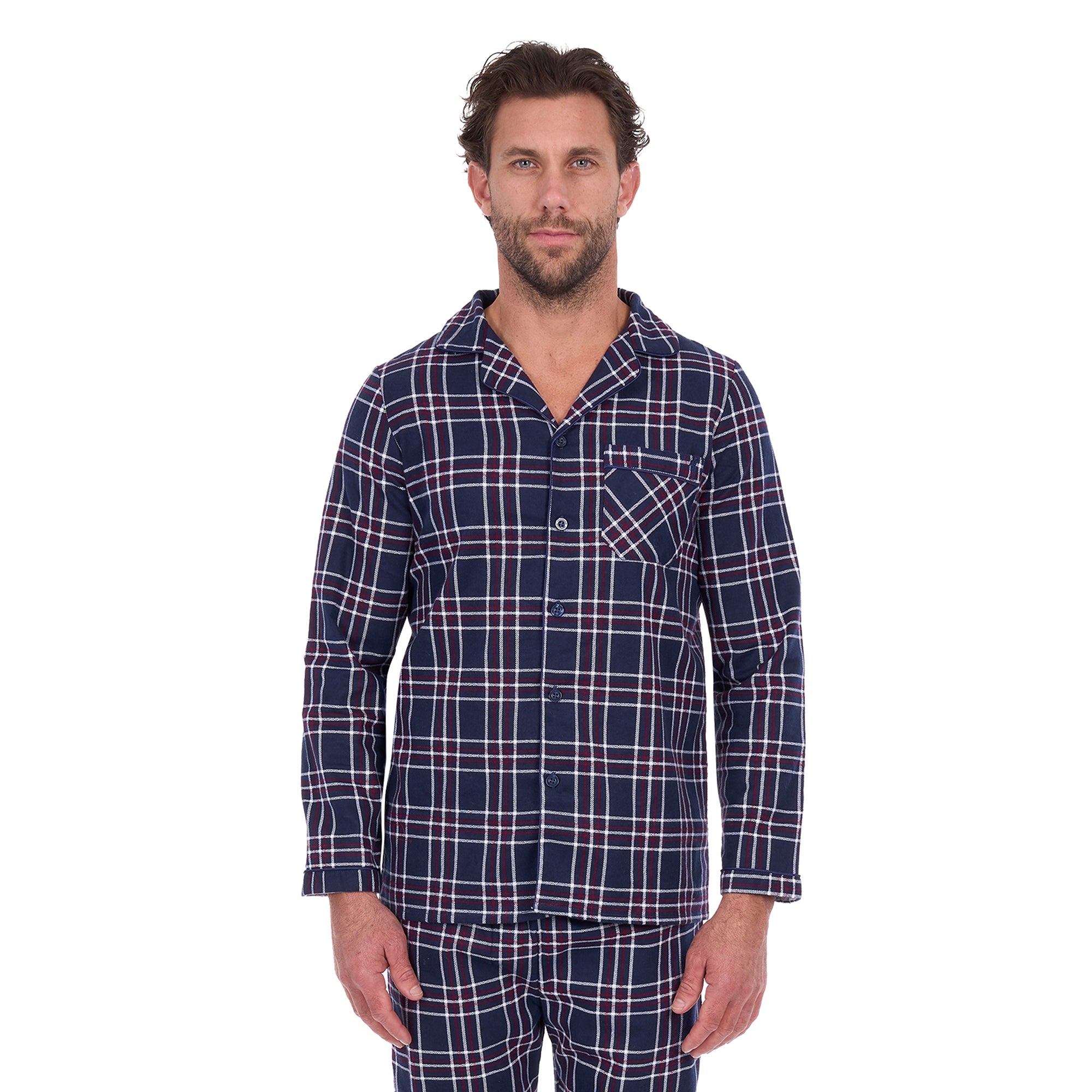 A man wearing navy blue and white plaid Thomas Cook Men's Long Sleeve Pyjamas (TCP1997PJS), standing against a solid white background.