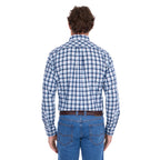 A man viewed from behind modelling a navy, blue and white Thomas Cook Men's Mitchell Long Sleeve Shirt (TCP1115100) paired with a brown belt and denim jeans on a white background.