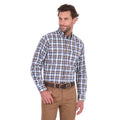 A man modelling a navy, tan, blue and white Thomas Cook Men's Mitchell Long Sleeve Shirt (TCP1115100) paired with a brown belt and camel coloured jeans on a white background.