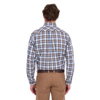A man viewed from behind modelling a navy, tan, blue and white Thomas Cook Men's Mitchell Long Sleeve Shirt (TCP1115100) paired with a brown belt and camel coloured jeans on a white background.