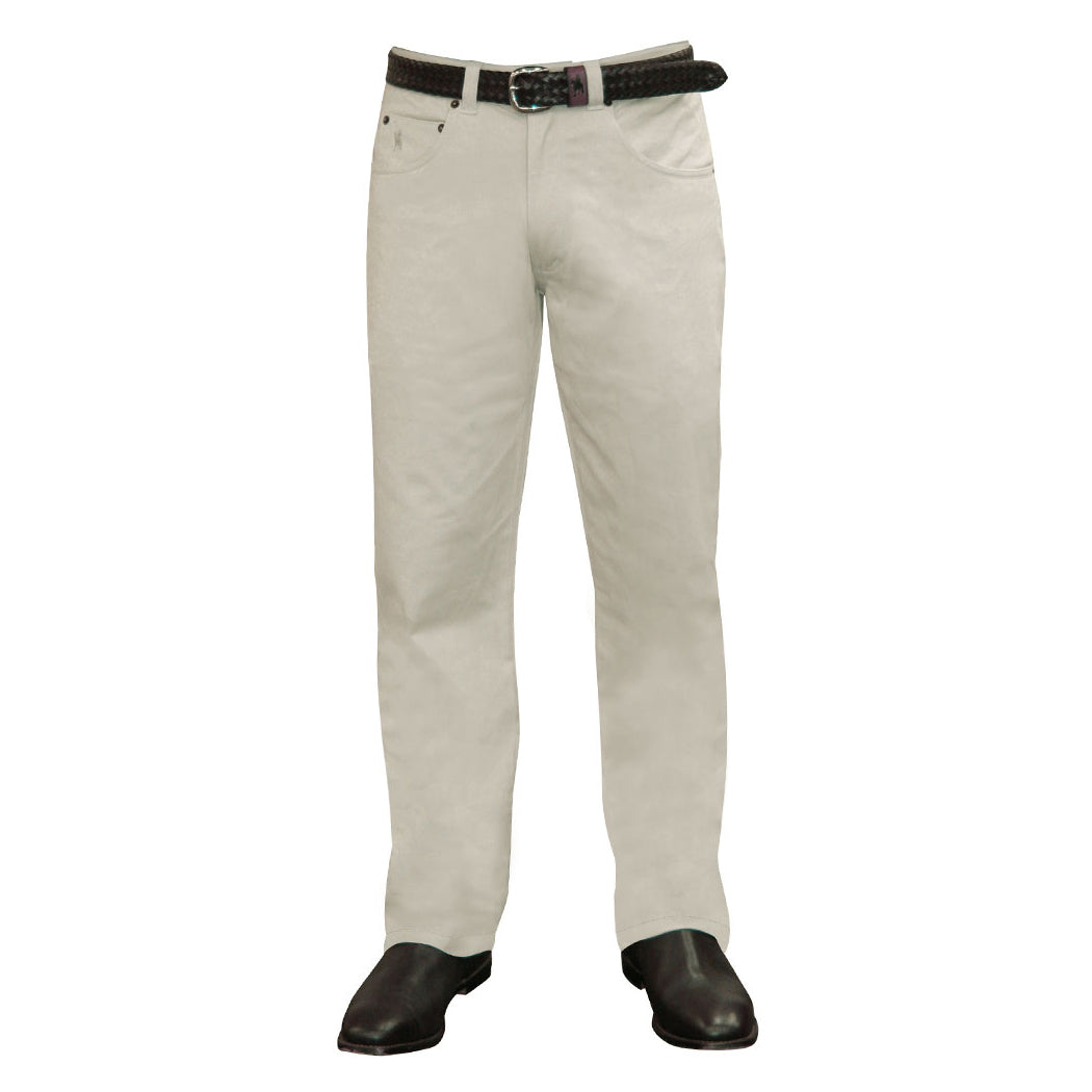A pair of Stone Thomas Cook Men's Stretch Moleskin Jeans (TCP1237007) (TCP1239007) (TCP1241007) with a leather belt and boots on a white background.