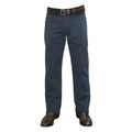 A pair of blue steel Thomas Cook Men's Stretch Moleskin Jeans (TCP1237007) (TCP1239007) (TCP1241007) with a leather belt and boots on a white background.