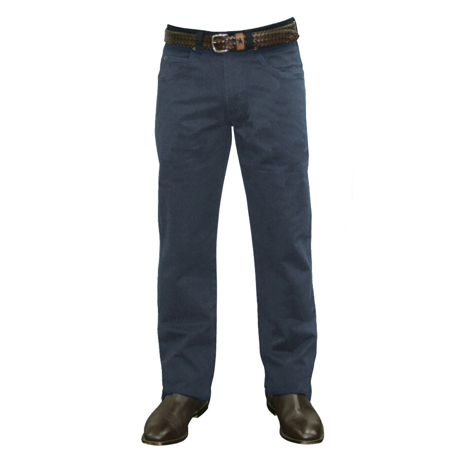 A pair of blue steel Thomas Cook Men's Stretch Moleskin Jeans (TCP1237007) (TCP1239007) (TCP1241007) with a leather belt and boots on a white background.