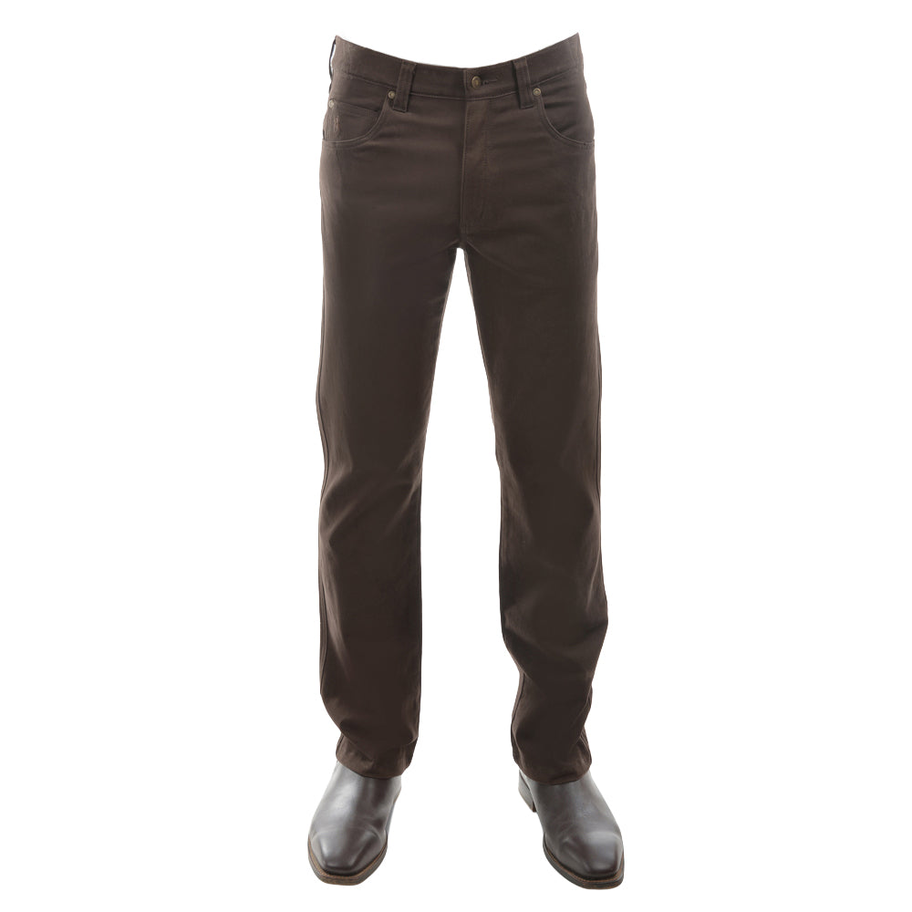 A pair of Rich Brown Thomas Cook Men's Stretch Moleskin Jeans (TCP1237007) (TCP1239007) (TCP1241007) with a leather belt and boots on a white background.