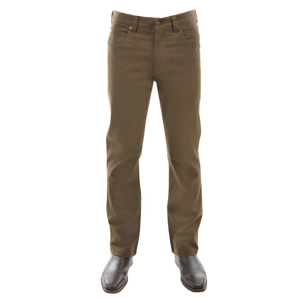 A pair of whiskey Thomas Cook Men's Stretch Moleskin Jeans (TCP1237007) (TCP1239007) (TCP1241007) with leather boots on a white background.