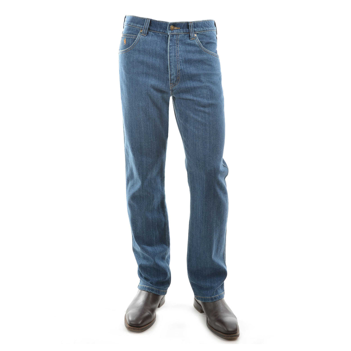 A pair of stonewash Thomas Cook Men's Stretch Straight Leg Jeans (TCP1230381) shown from the waist down, paired with dark brown leather boots against a plain white background.