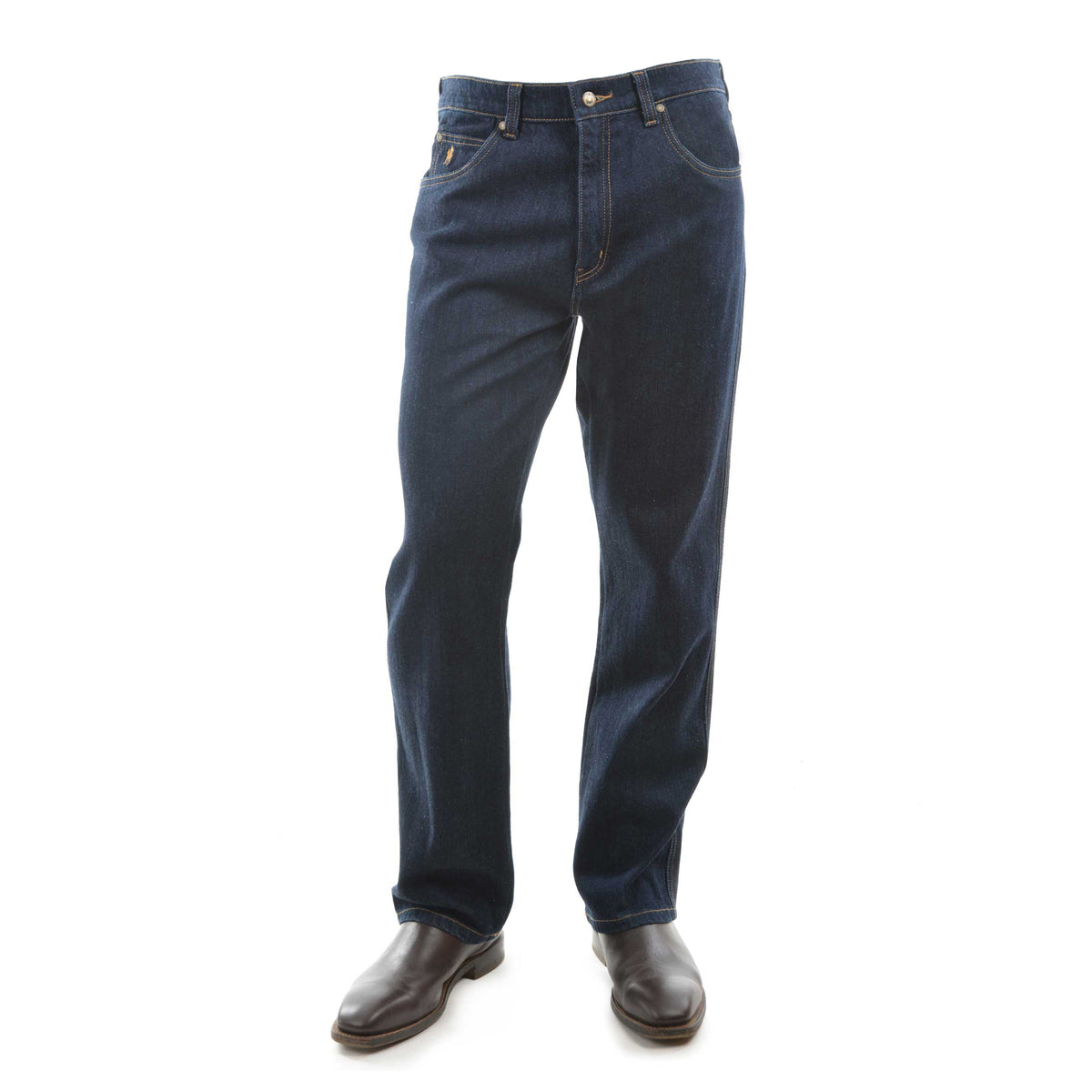 A pair of washed indigo Thomas Cook Men's Stretch Straight Leg Jeans (TCP1230381) shown from the waist down, paired with dark brown leather boots against a plain white background.