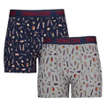 A 2-Pack of Thomas Cook Men's TC BBQ Underwear (TCP1924102) with a colourful BBQ utensil print, shown on a plain white background. One pair is navy blue and the other is heather grey.