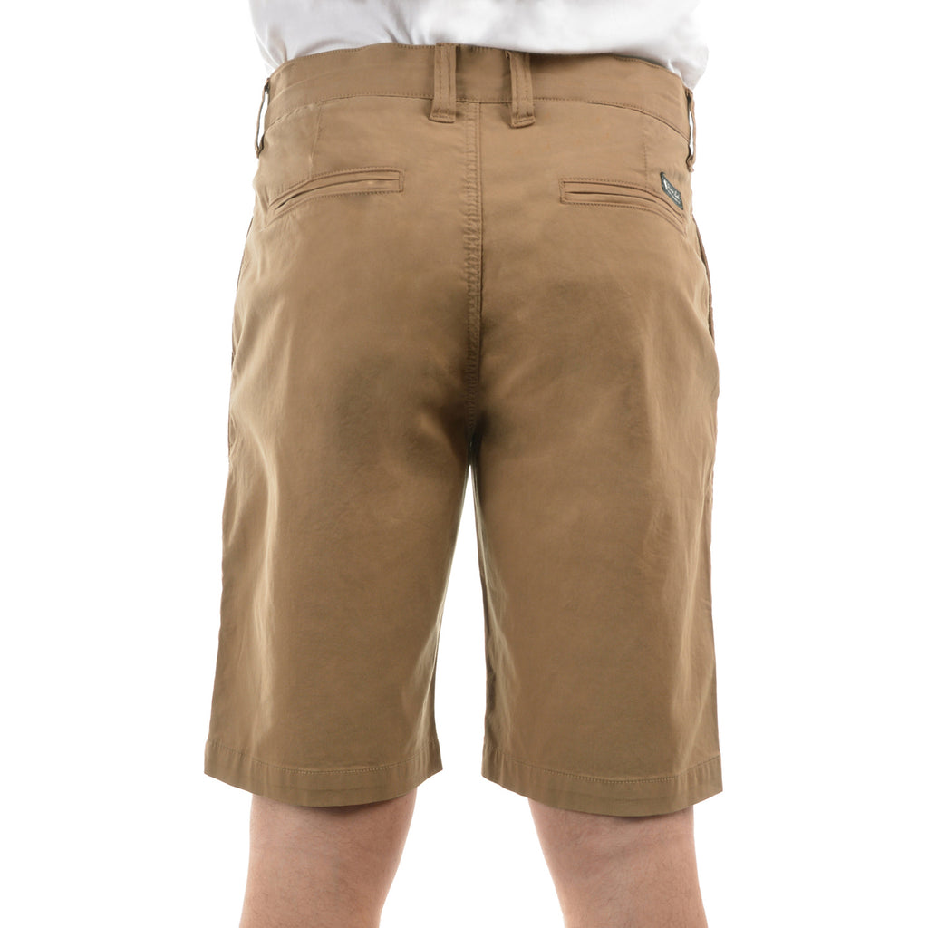 A pair of camel Thomas Cook Men's Tailored Fit Mossman Comfort Waist Shorts (TCP1306091) shown from behind with belt loops, jet pockets and a logo badge against a plain white background.