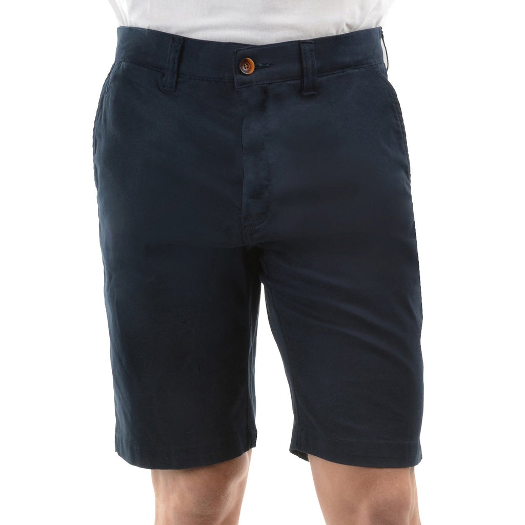 A pair of dark navy Thomas Cook Men's Tailored Fit Mossman Comfort Waist Shorts (TCP1306091) with belt loops, a button closure, and front pockets, shown against a plain white background.
