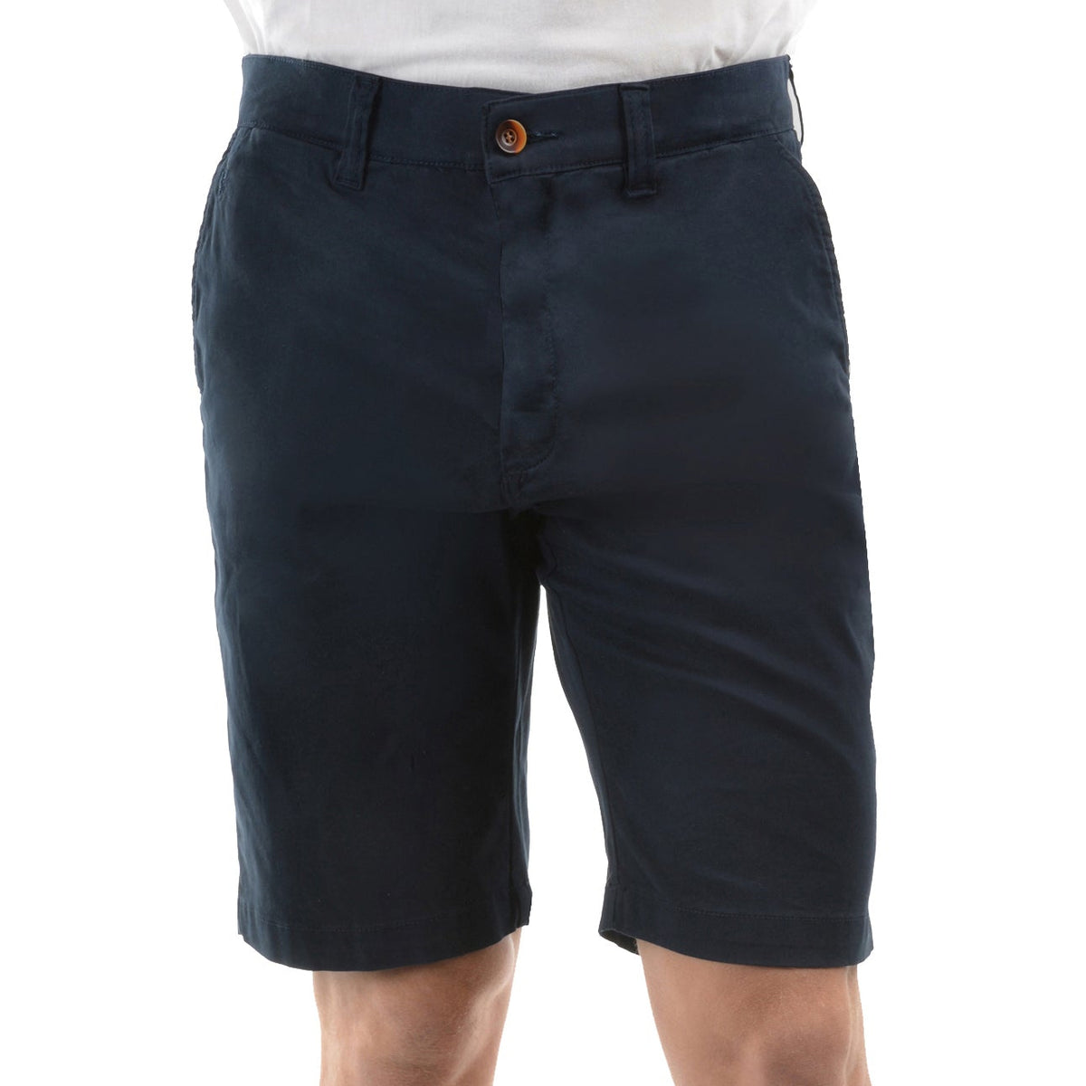 A pair of dark navy Thomas Cook Men's Tailored Fit Mossman Comfort Waist Shorts (TCP1306091) with belt loops, a button closure, and front pockets, shown against a plain white background.