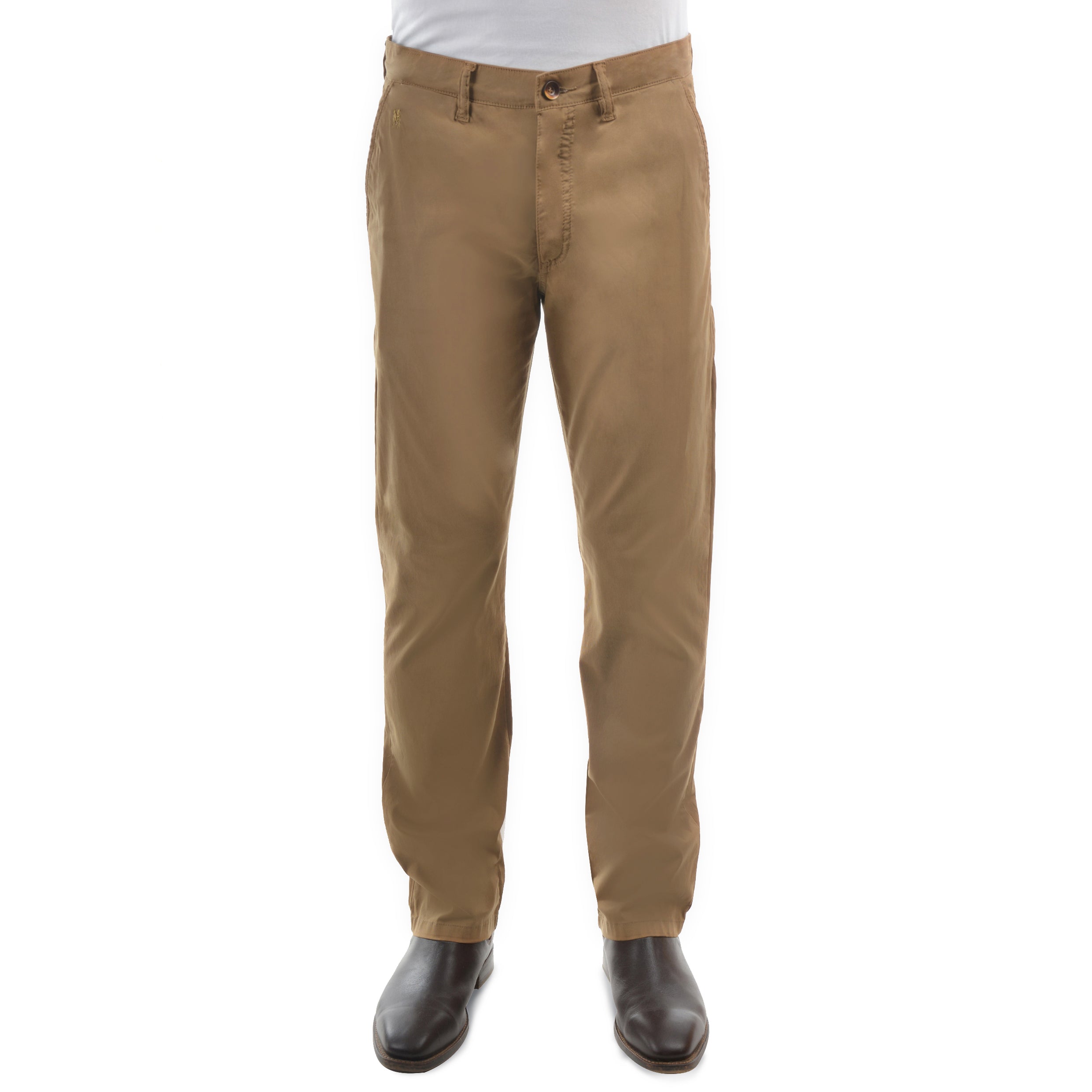 A man from the waist down wearing a pair of camel Thomas Cook Men's Tailored Fit Mossman Comfort Waist Trousers (TCP1209091) with a pair of brown boots on a white studio background.