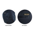 Two circular close-up views of dark navy Thomas Cook Men's Tailored Fit Mossman Comfort Waist Trousers (TCP1209091) showing labeled pockets: a slant pocket on the left and a jet pocket on the right, with a small brand patch visible on both.