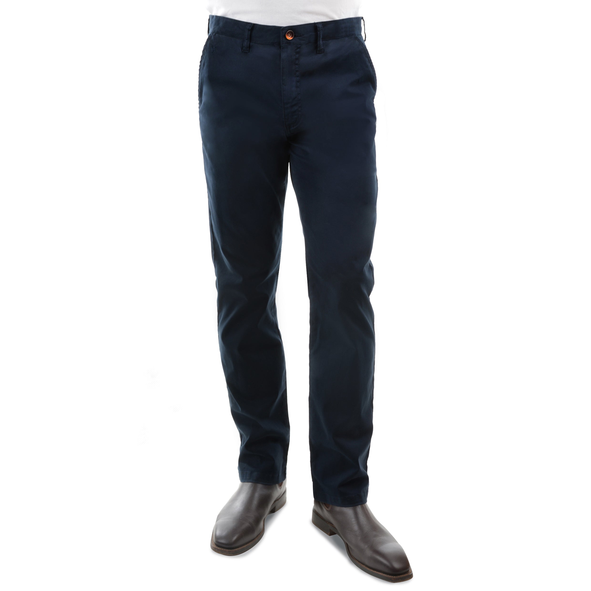 A man from the waist down wearing a pair of dark navy Thomas Cook Men's Tailored Fit Mossman Comfort Waist Trousers (TCP1209091) with a pair of brown boots on a white studio background.