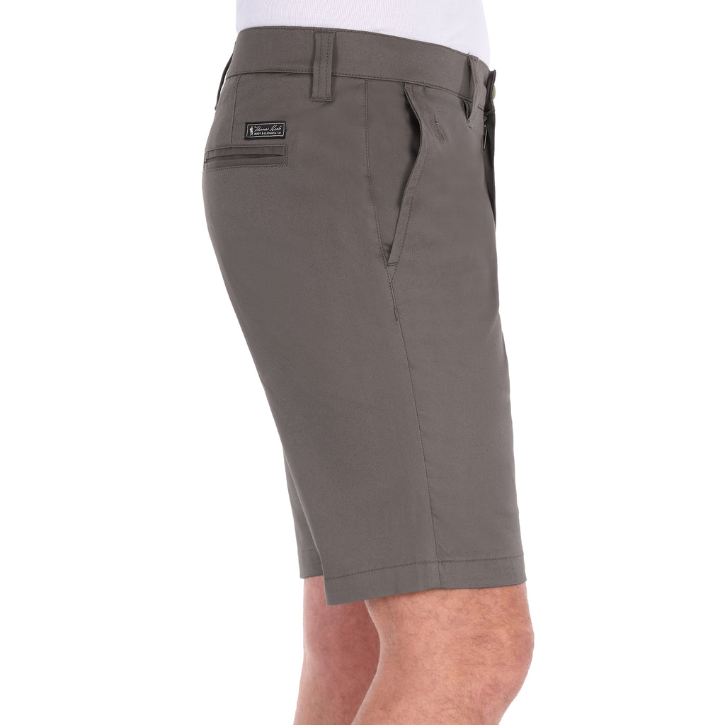 A side view of a pair of greystone Thomas Cook Men's Tailored Fit Mossman Comfort Waist Shorts (TCP1306091) with belt loops, a button closure, front slant pockets and back jet pockets, against a plain white background.