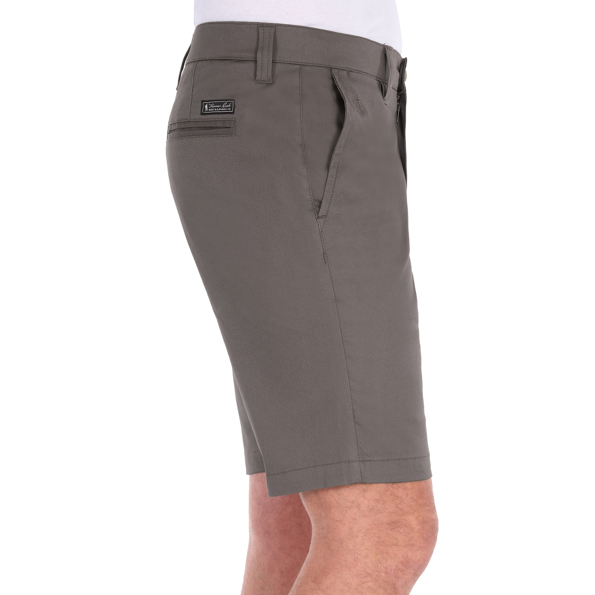 A side view of a pair of greystone Thomas Cook Men's Tailored Fit Mossman Comfort Waist Shorts (TCP1306091) with belt loops, a button closure, front slant pockets and back jet pockets, against a plain white background.