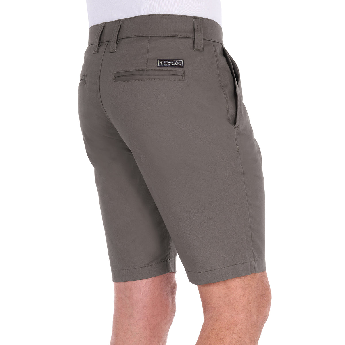 A 3-4 back view of a pair of greystone Thomas Cook Men's Tailored Fit Mossman Comfort Waist Shorts (TCP1306091) with belt loops, a button closure, front slant pockets and back jet pockets, against a plain white background.