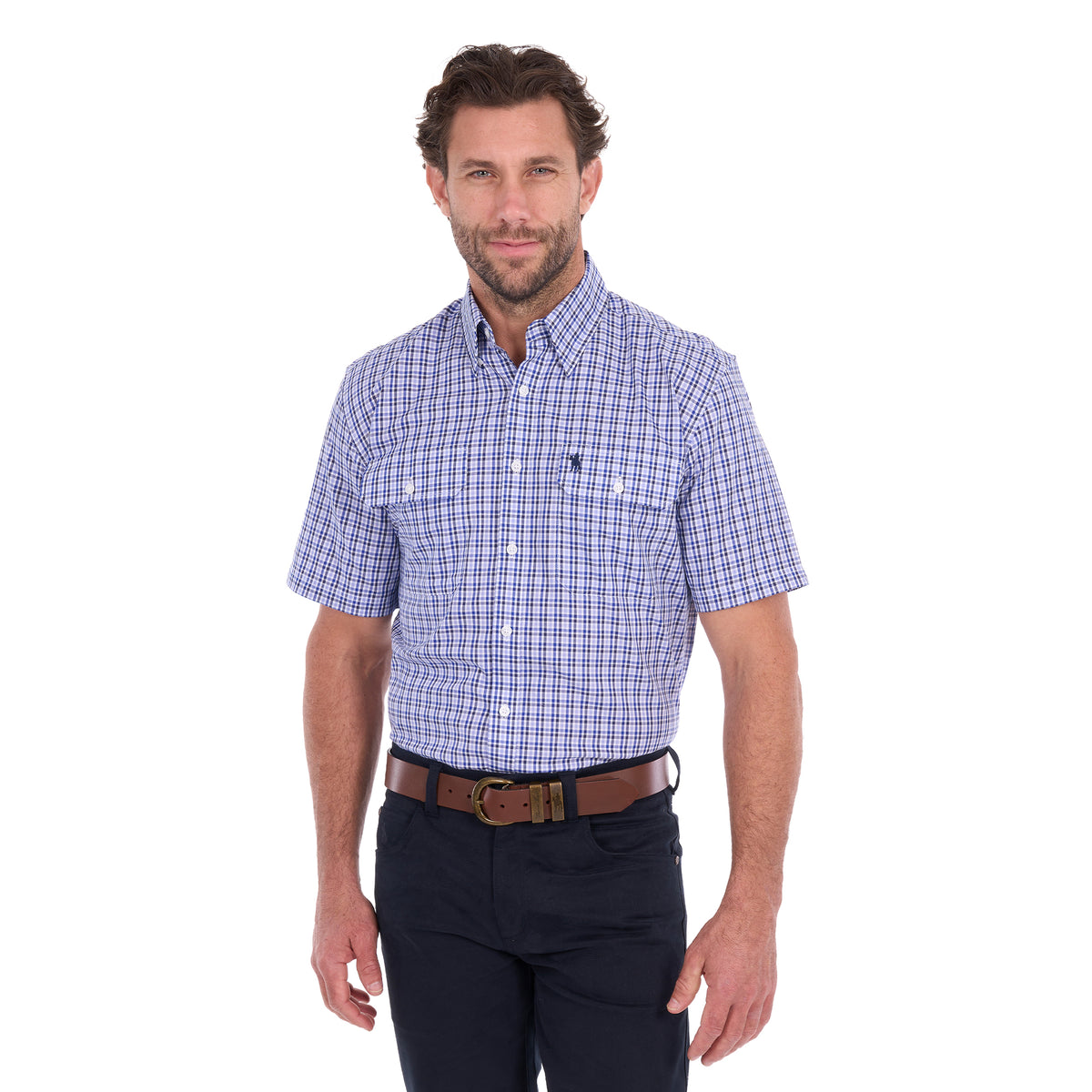 A man modelling a navy blue and white Thomas Cook Men's Wentworth Short Sleeve Check Shirt (TCP1110158) with navy blue pants and a brown belt.