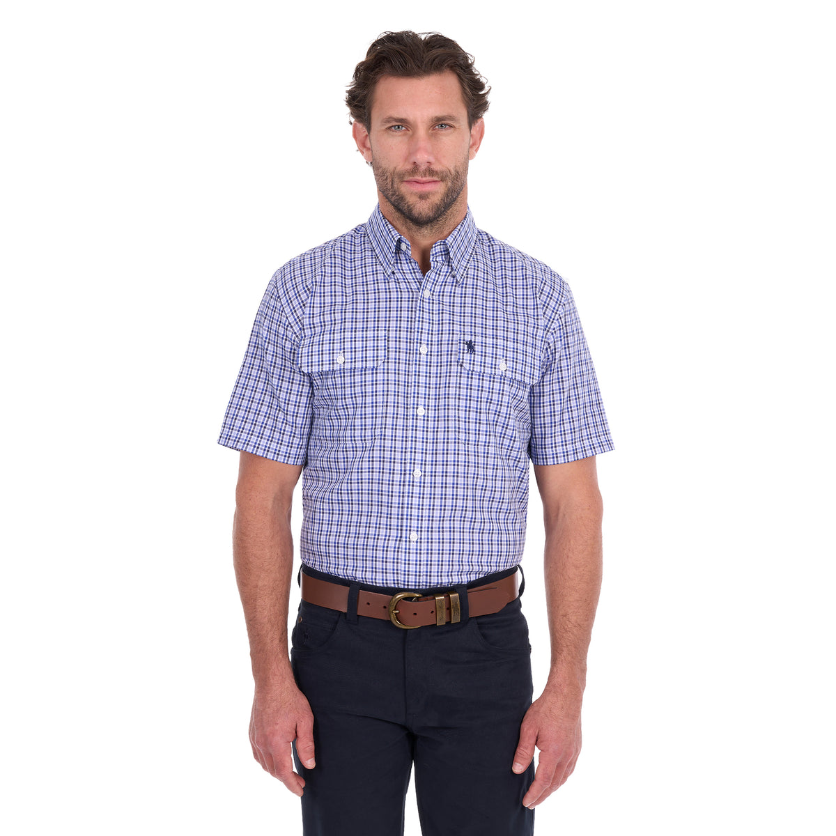 A man modelling a navy blue and white Thomas Cook Men's Wentworth Short Sleeve Check Shirt (TCP1110158) with navy blue pants and a brown belt.