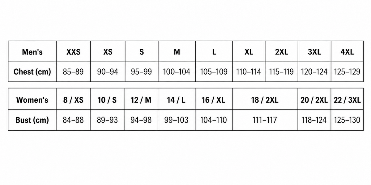 Size chart for men's and women's clothing with chest and bust measurements.