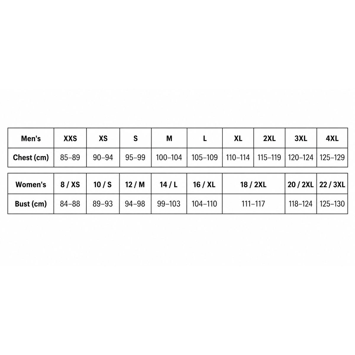 A size chart table showing measurements for Men's and Women's clothing, with columns for sizes XXS through 4XL and rows for Chest (cm) and Bust (cm).